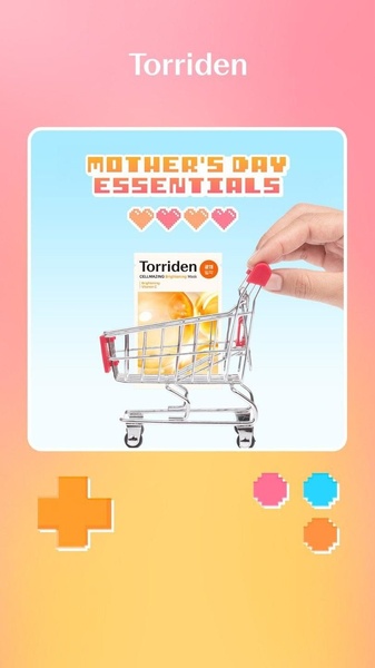 A creative featuring a brightening mask product being added to a miniature shopping cart, styled with nostalgic pixel-art icons on a soft gradient background.